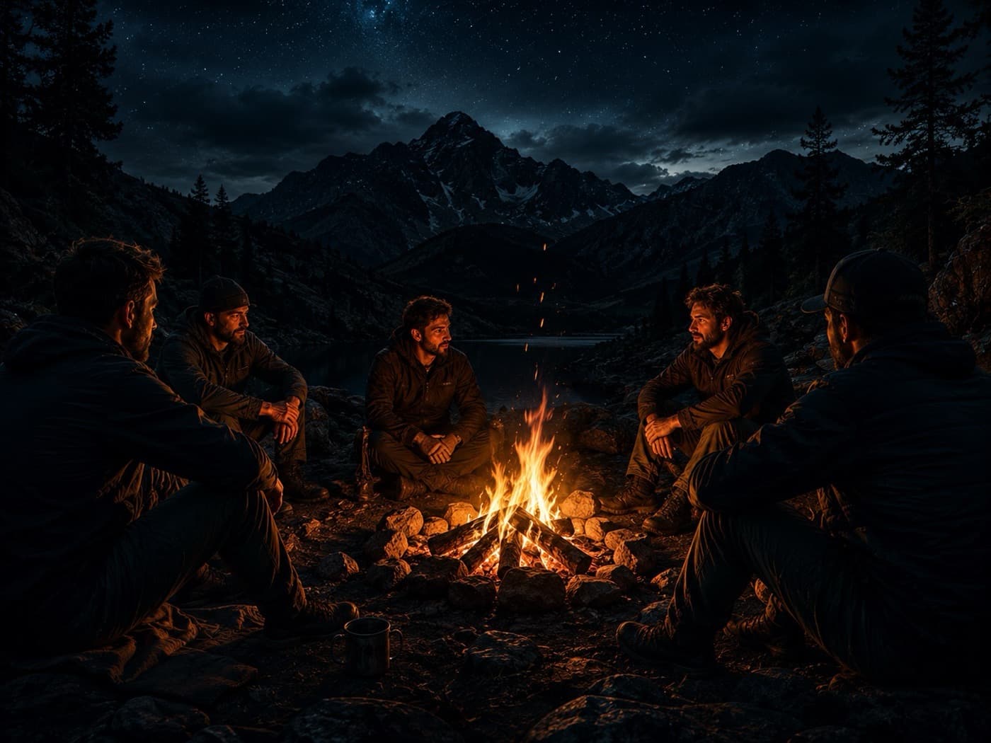 Cinq hommes assis autour d'un feu de camp, la nuit, au pied des montagnes.